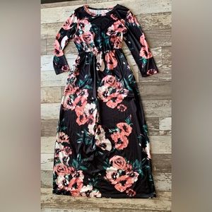 Maxi Dress, Silky, Long Sleeve, Black Floral